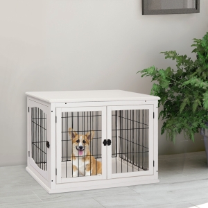 PawHut 26'' Wooden Decorative Dog Cage Pet Crate Kennel with Double Door Entrance & a Simple Modern Design, White