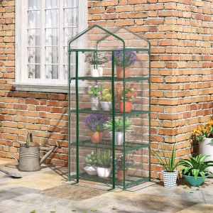 Outsunny 28" x 20" x 63" Portable Greenhouse with 4 Tier Shelves Outdoor Hot House Plant Flower Greenhouse, Steel Frame, PVC Cover, Transparent