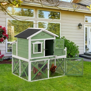 PawHut 44" Chicken Coop, Wooden Hen Run House, Rabbit Hutch with Nesting Box, Removable Tray, Asphalt Roof, Planting Lattice, Green