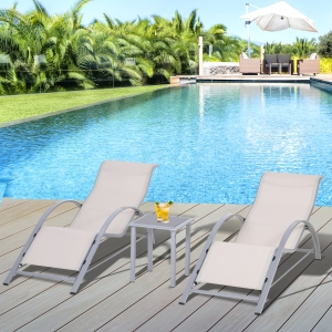 Outsunny 3 Pieces Patio Lounge Chair Set Outdoor Sunbathing Chair with Table for Yard Garden, Cream White