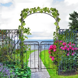 Outsunny 7' Metal Garden Arbor Arch with Scrollwork Doors for Ceremony, Weddings, Party, Backyard, Lawn