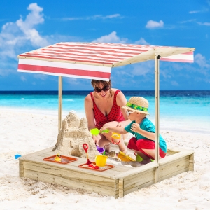 Outsunny Kids Wooden Sandbox, Covered Children Sand Playset Outdoor, w/ Adjustable Canopy Shade, Bottom Liner, Seat, Plastic Basin, Boys and Girls, for Backyard, Beach, Natural Wood