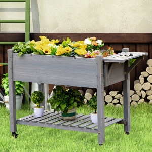 Outsunny 49'' x 21'' x 34'' Raised Garden Bed Plant Stand Wooden Raised Garden Plant Stand Outdoor Wood Tall Flower Bed Box with Clapboard, Grey