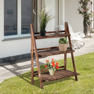 Outsunny Wooden Rustic 3-Tier Foldable Ladder Raised Plant Stand with Slatted Bottom & a Natural Stylish Design, 32" x 14"