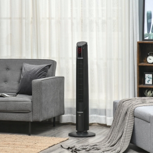 HOMCOM Freestanding Tower Fan Cooling for Bedroom with 3 Speed, 12h Timer, Oscillating, Tilt, LED Panel, Remote Controller, Black