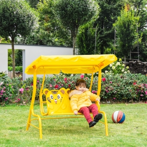 Outsunny 2-Seat Kids Canopy Swing, Children Outdoor Patio Lounge Chair, for Garden Porch, with Adjustable Awning, Seat Belt, Tiger Pattern, for 3-6 years old, Yellow