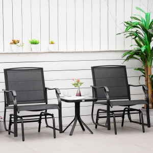 Outsunny 3pc Garden Glider Chair Outdoor Rocking Chair Set Patio Rocker Deck Gliding Swing Lounger Chairs with Glass Top Table Sling Fabric Seat, Black