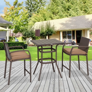 Outsunny 3pc Outdoor Wicker Bistro Bar Set Garden PE Rattan Bar Table and Stools with Seat Cushion, Brown, Khaki