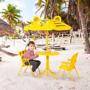 Outsunny Kids Picnic Table and Chair Set, Outdoor Folding Garden Furniture, for Patio Backyard, with Tiger Pattern, Removable & Height Adjustable Sun Umbrella, Aged 3-6 Years Old