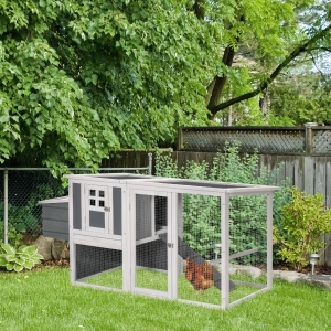 PawHut 64" Wooden Chicken Coop, Outdoor Hen House Poultry Cage with Outdoor Run, Nesting Box, Removable Tray, Openable Hollow Sheet Roof and Lockable Doors