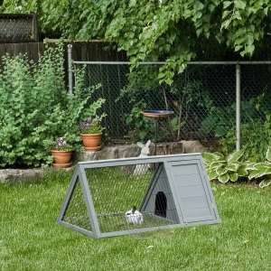 PawHut 46" x 24" Wooden A-Frame Outdoor Rabbit Cage Small Animal Hutch with Outside Run & Ventilating Wire, Grey