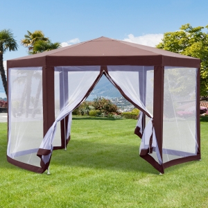 Outsunny 6' x 6' Hexagonal Garden Gazebo Patio Party Outdoor Canopy Tent Sun Shelter w/ Mosquito Net Zipped Door - Brown