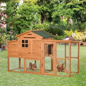 PawHut 76" Wooden Chicken Coop, Outdoor Hen House Poultry Cage with Outdoor Run, Nesting Box, Removable Tray and Lockable Doors, Orange