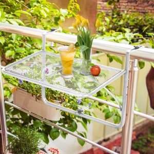 Outsunny Adjustable Balcony Hanging Rail Table Metal Mounting Mini Wall Desk Outdoor Flower Stand Serving Table Drink Holder Rectangle White