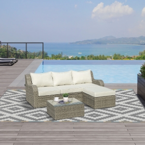 Outsunny 3 Pieces Outdoor PE Rattan Sofa Set, Multi-function Patio Wicker Sectional Conversation Sofa, Lounge, Aluminum Frame Furniture Set, w/ Padded Cushion & Liftable Tea Table, Beige