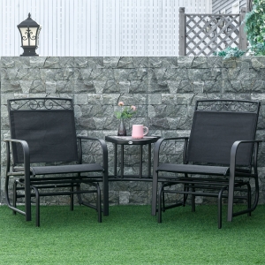 Outsunny Outdoor Glider Bench with Coffee Table, Patio 2-Seat Rocking Chair Swing Loveseat with Breathable Sling for Backyard Garden Porch, Black