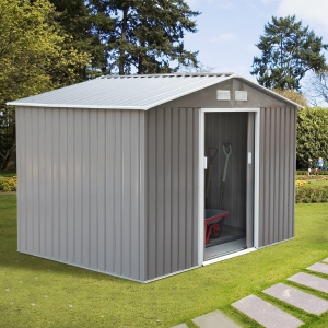 Outsunny 9'x6.3'Garden Storage Outdoor Shed w/ Floor Foundation Outdoor Yard Metal Tool Storage House Grey White