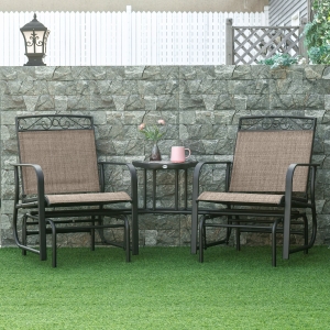 Outsunny Outdoor Glider Bench with Coffee Table, Patio 2-Seat Rocking Chair Swing Loveseat with Breathable Sling for Backyard Garden Porch, Brown
