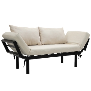 HomCom Convertible 3-Position Relaxing Futon Birch Wood Daybed Lounger Sofa Bed Loveseat - Black / Cream White