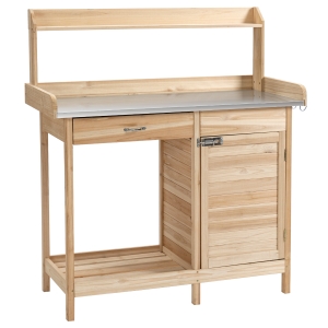 Outsunny Multi-function Potting Bench Table w/ Storage Cabinet & Steel Table Top, Natural