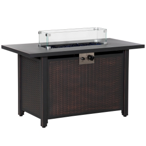 Outsunny 43 Inch Propane Fire Pit Table 50,000 BTU Gas Firepit w/ Wind Guard, Blue Glass
