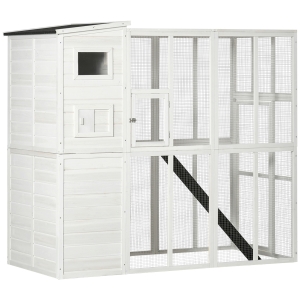 PawHut Wooden Cat Home Enclosure Pet House Shelter Cage Outdoor Play Area Run, White
