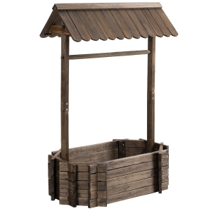 Outsunny Wooden Wishing Well Raided Garden Bed, Rustic Planters for Outdoor Plants, Patio Ornamental for Herb/Vegetables, Rustic Brown