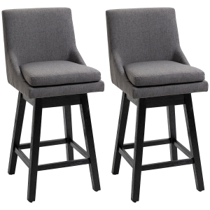 HOMCOM 28" Upholstered Swivel Bar Height Rubber Wood Base Barstool Dining Chairs, Charcoal Grey