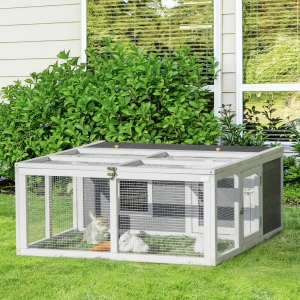 PawHut Wooden Rabbit Hutch Small Animal Cage Pet Run Indoor Outdoor with Openable Roof and Water-repellent Paint, Grey