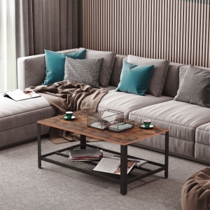 HOMCOM 2 Tier Rectangular Coffee Table Retro Industrial Style Wood Side Table with Storage Organizer Living Room