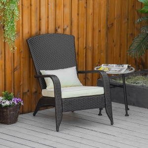Outsunny Patio Classic Rattan Adirondack Chair, Outdoor PE Rattan Leisure Deck Chair, Ergonomic Armrest Chair with Cushion Beige