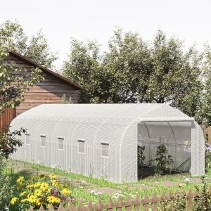 Outsunny 25' x 9.5' x 6.5' Walk-In Greenhouse Tunnel, Large Gardening Plant Hot House with 12 Windows and Zipper Doors for Backyard, White