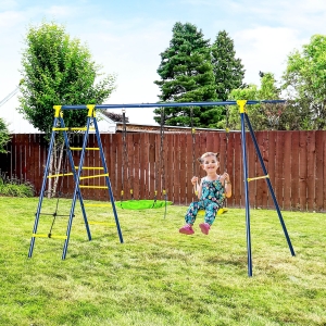 Outsunny 330 lbs Kids Swing Set for Backyard, Outdoor Play Equipment, with Adjustable Swing Seat, Basket Hoop, Climb Ladder, Net, A-Frame Metal Stand, Green