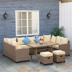 Outsunny 6 Pieces Patio Wicker Sofa Set, Outdoor All Weather PE Rattan Ample Seating Room Conservatory Furniture, w/ Strip Wood Grain Plastic Coffee Table & Cushions for Lawn, Garden, Grey, Khaki