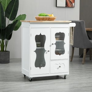 HOMCOM Kitchen Cart, Small Kitchen Island, Rubber Wood Top Utility Trolley on Wheels with 2 Cabinets Storage Drawer Towel Rack for Dining Room, White