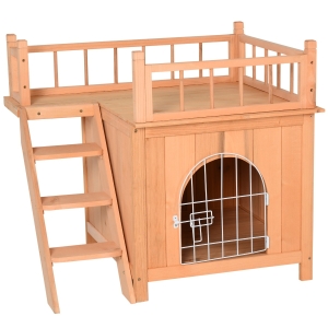 PawHut 2-Story Elevated Waterproof Cat House Outdoor/Indoor Wooden Treehouse Cat Shelter with Balcoy - Natural Wood