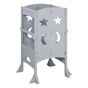Qaba Kids kitchen step stool Foldable Step Stool with Support Safety Rails & Non-Slip Feet for Cooking & Cleaning - Grey