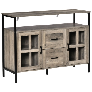 HOMCOM Rustic Kitchen Sideboard, Serving Buffet Storage Cabinet with Adjustable Shelves, Glass Doors, and 2 Drawers for Living Room, Grey