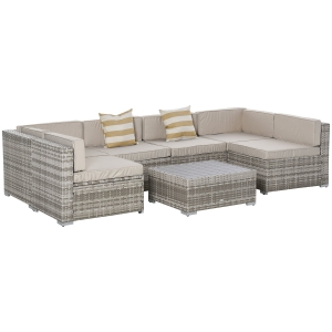 Outsunny 7-Piece Outdoor Wicker Patio Sofa Set, Modern Rattan Conversation Furniture Set with Cushions, Pillows and Tea Table, Beige