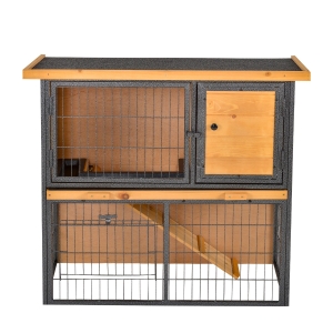 PawHut Outdoor Rabbit Cage Elevated Pet House w/ Slide-Out Tray, Natural Wood & Black