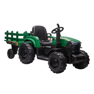 Aosom 12V Kids Ride On Car Tractor w/ Trailer, LED Headlights, Green