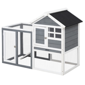 PawHut 48" Weatherproof Wooden Rabbit Hutch with Slanted Asphalt Roof & Fun Outdoor Run for Bunnies & Ferrets - Grey
