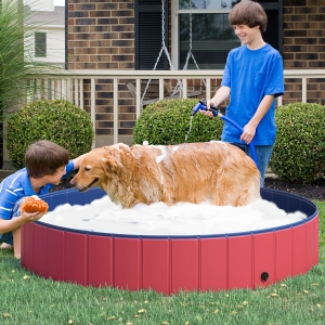 PawHut 63" Folding Pet Swimming Pool Dog Bath Pool Puppy Bathing Tub Pet Supplies Red