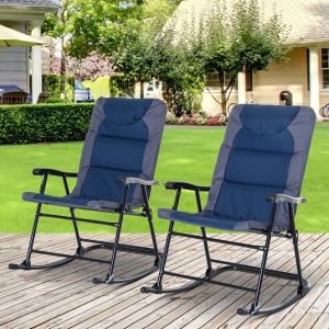 Outsunny Folding Rocking Chair Set Pack of 2 Padded Rockers with Armrest, Navy Blue/Grey