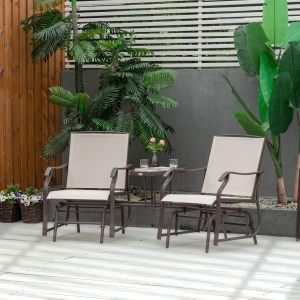 Outsunny Durable Double Glider Chair w/ Center Table Outdoor Comfortable High Back Armchair Set Sling Fabric Garden Bench w/ Glass Top Table, Beige