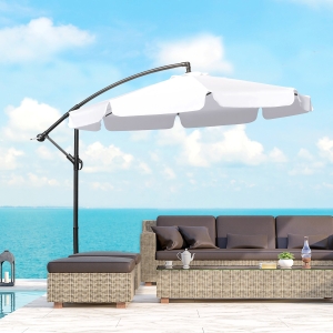 Outsunny 9FT Offset Hanging Patio Umbrella Cantilever Umbrella with Easy Tilt Adjustment, Cross Base and 8 Ribs for Backyard, Poolside, Lawn and Garden, White