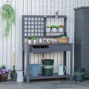 Outsunny Potting Bench Table, Garden Work Bench, Wooden Workstation with Tiers of Shelves and Drawer for Patio, Courtyards, Balcony, Grey