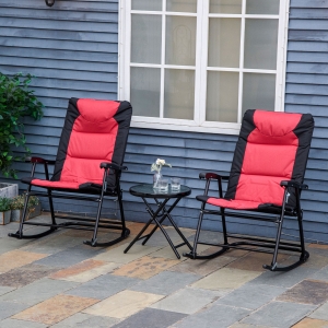 Outsunny 3pc Outdoor Folding Rocking Chair and Table Set Camping Yard Lounger Seat Patio Bistro Set w/ Padded Seat Red