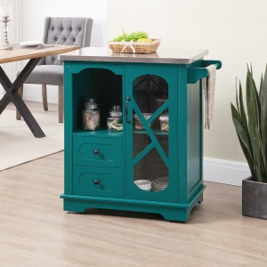 HOMCOM Rolling Kitchen Island Storage Cart, Kitchen Cabinet with Stainless Steel Top, Glass Door & Drawers for Kitchen, Green