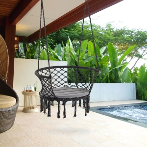Outsunny Hanging Hammock Chair Cotton Rope Porch Swing with Metal Frame and Cushion, Large Macrame Seat for Patio, Garden, Bedroom, Living Room, Dark Grey
